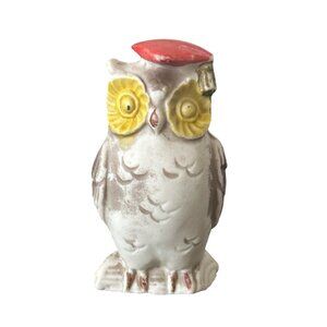 VTG Ceramic Owl Figurine w/Red Graduation Cap & Big Yellow Eyes Japan Retro MCM